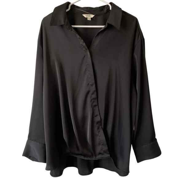 NEW TERRY & SKY Wrap Front Long Sleeve Blouse Size 3X Black Business Casual Chic - Picture 1 of 4